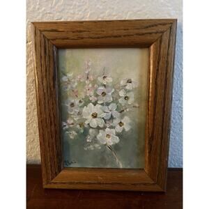 Vintage Framed Floral Still Life Painting White Dogwood Blossoms Cottagecore 9x7